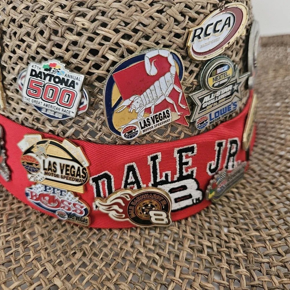 Dale Earnhardt Straw Hat With 40 Racing Pins NASCAR Automobile Some Vintage